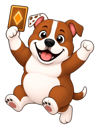 Pip the bulldog jumping and holding a card