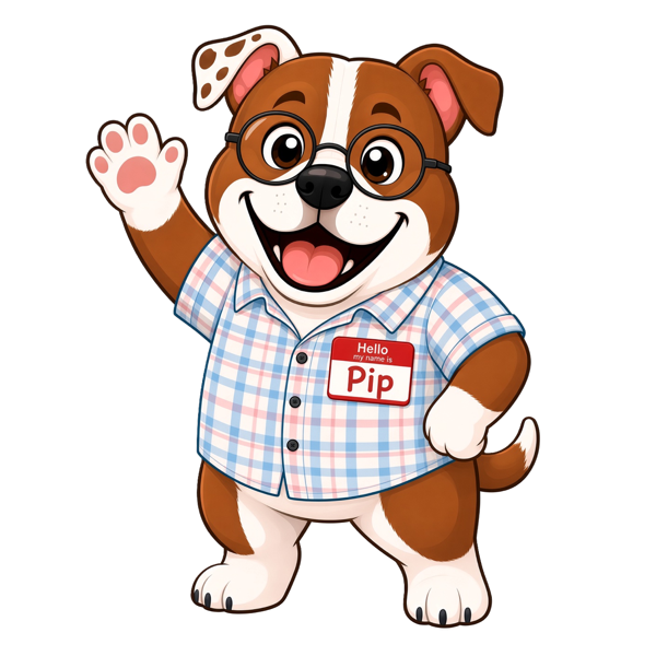 Pip, the PipTCG bulldog mascot, waving hello