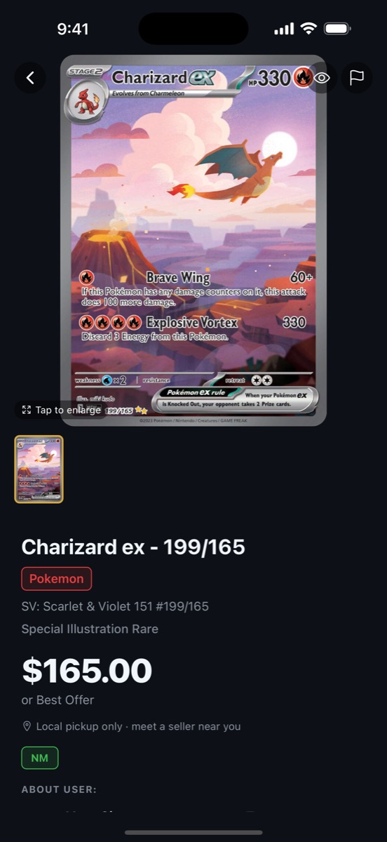 PipTCG card detail screen with condition, set, and sale history
