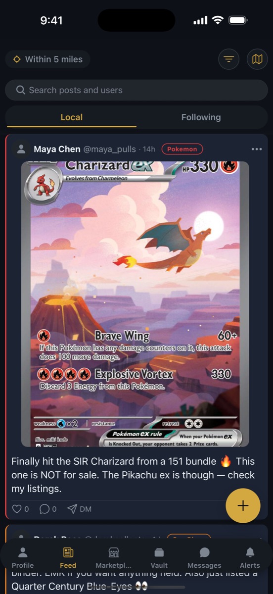 PipTCG feed of posts from nearby collectors