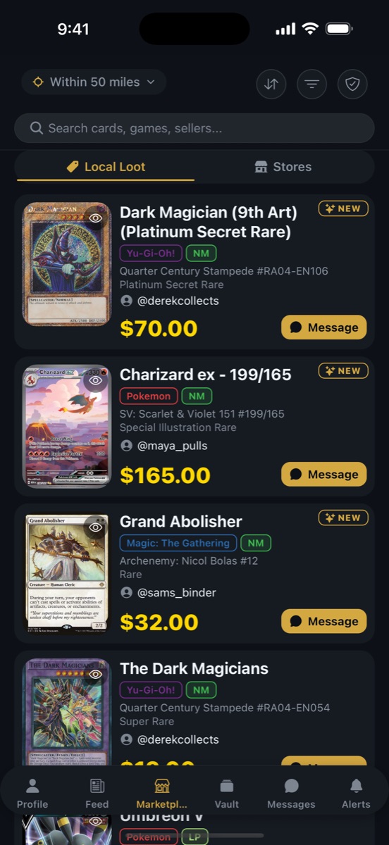 PipTCG marketplace screen listing cards for sale within 50 miles