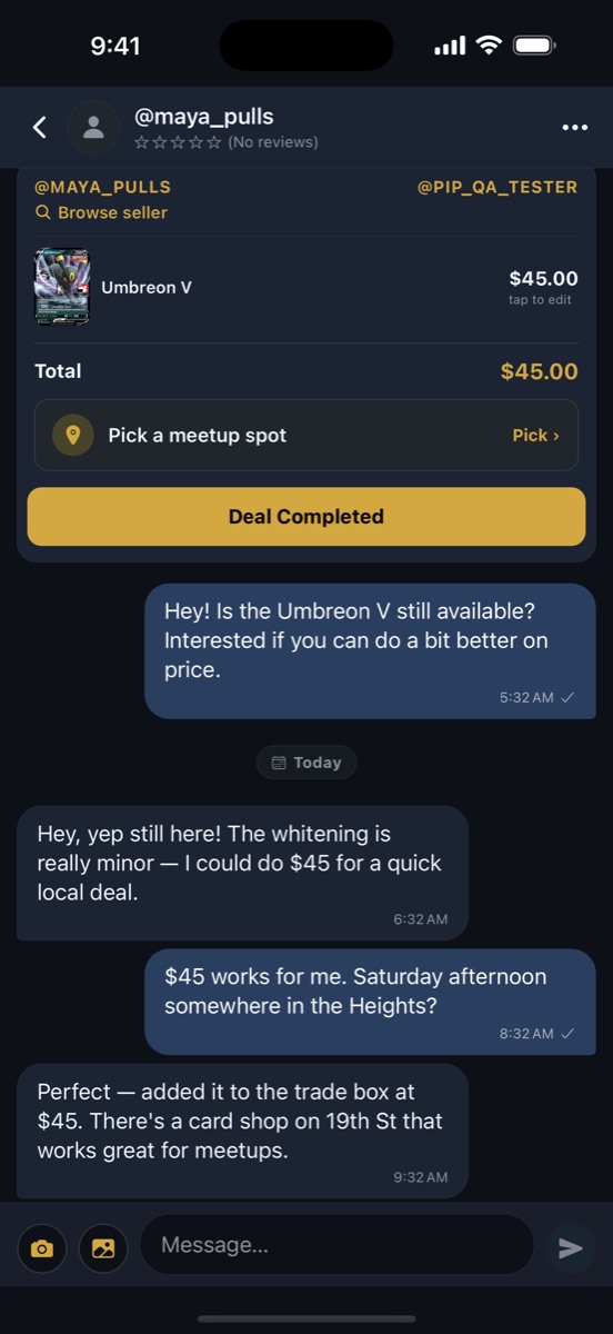 PipTCG chat with a shared trade box and meetup spot picker